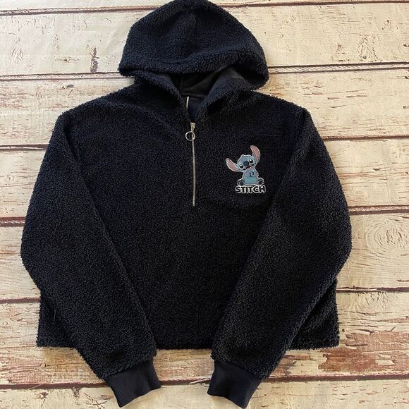 Disney Tops - Disney Lilo and Stitch‎ Blue Hoodie Long Sleeve Cropped 1/4 Embroidered Sweater